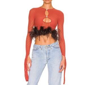 Poster Girl Mira Top Cutout Front Mesh Long Sleeve Burnt Henna Feather One Size